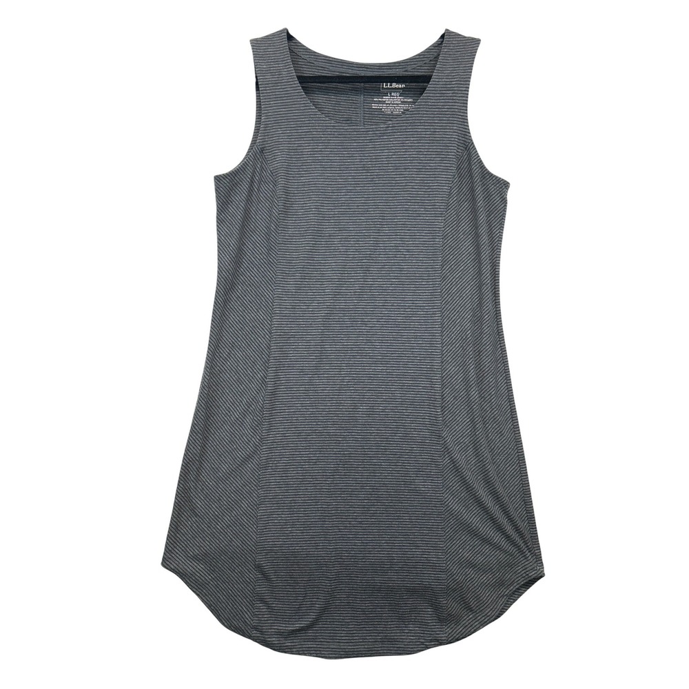 L.L.Bean Tank Dress Women L Grey Striped Sleeveless A-Line Curved Hem Casual